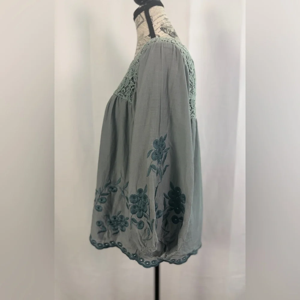 Hazel Sage Green Embroidered Crochet Lace Boho Peasant Blouse Top Size S
